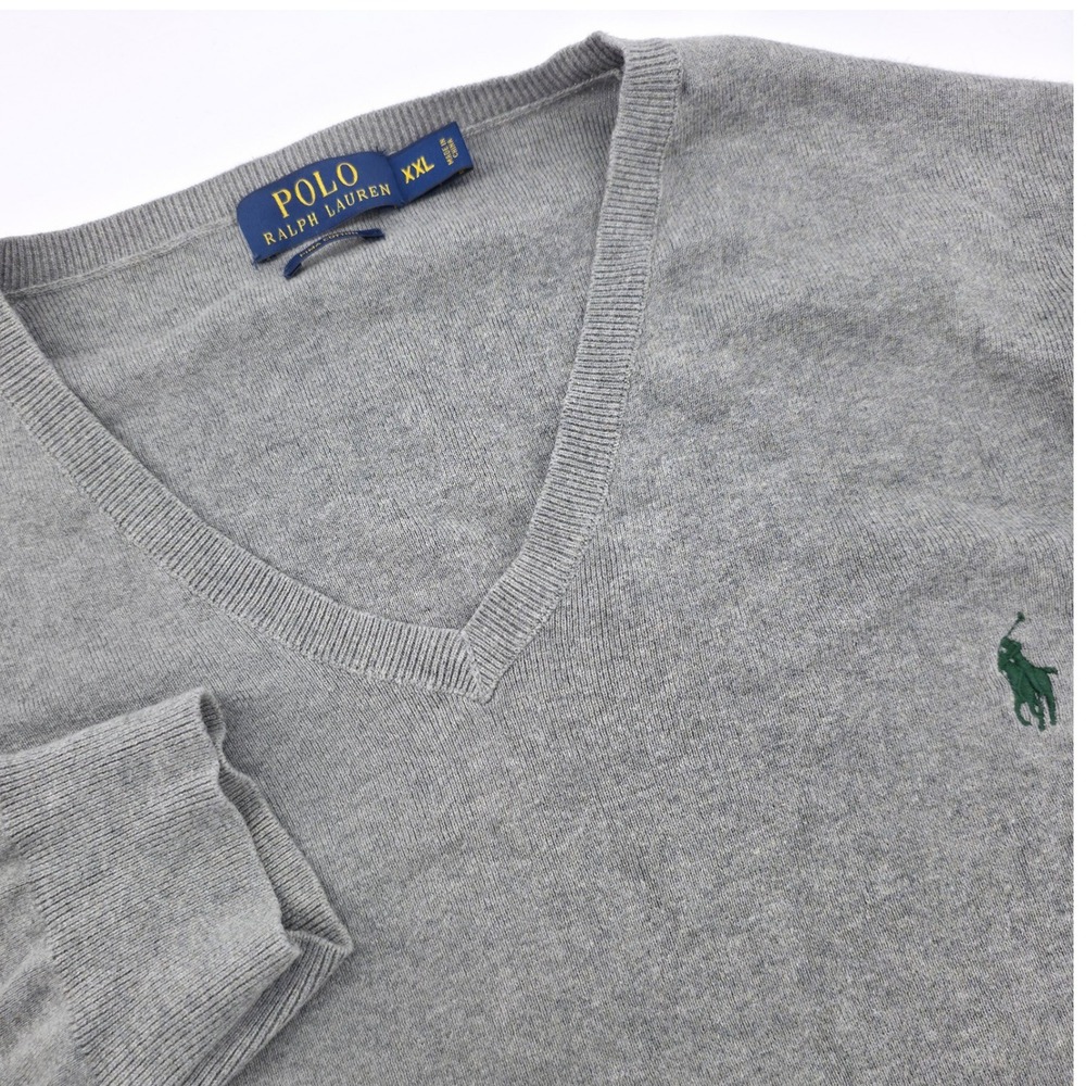 Polo Ralph Lauren V-Neck Sweater Mens XXL Gray Pima Cotton Green Pony Logo